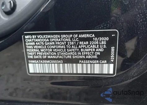 2021 Volkswagen Passat 2.0T Se from USA, damaged, VIN 1VWSA7A35MC000343